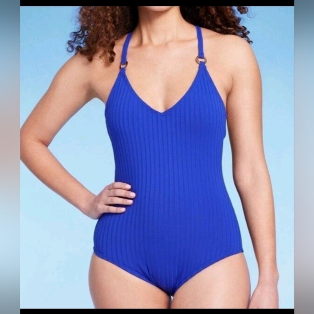 Kona Sol Women's Wide Ribbed Ring Medium Coverage Swimsuit -  Blue Size S
